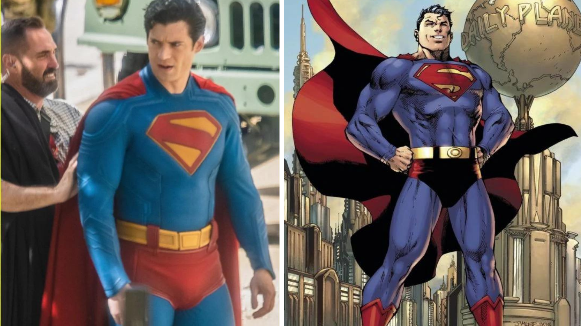 David Corenswet in the Superman suit next to a traditional Superman animated image